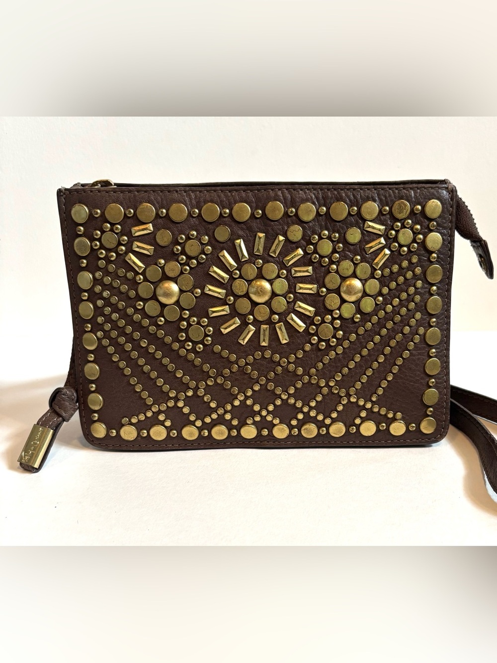 Rare Foley + Corrina Sunburst Taupe and Brass Crossbody Bag